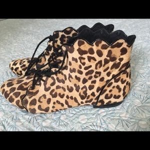 Top Shop lace up leopard booties w/ scalloped trim